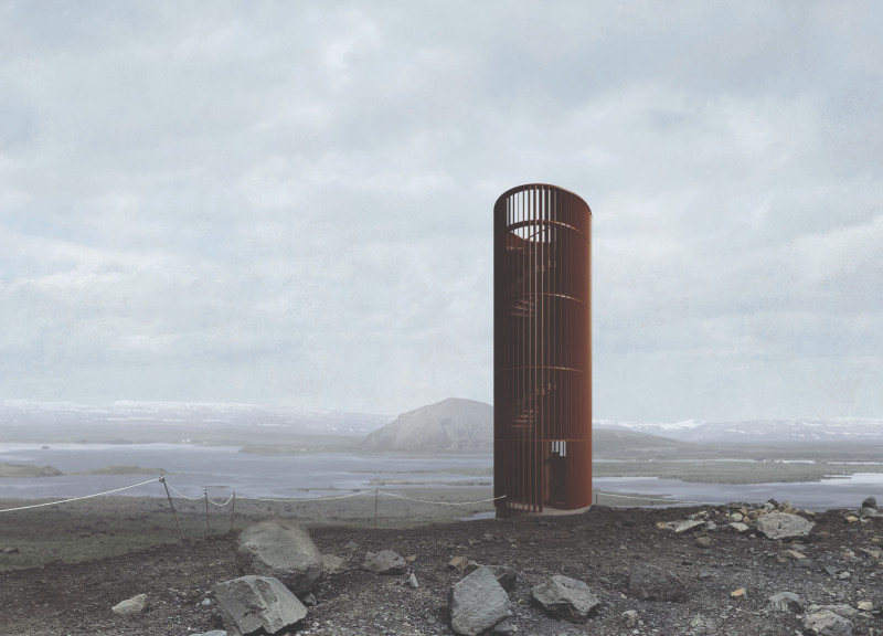 Cylindrical Cor-Ten Observation Point Integrated with the Icelandic Landscape