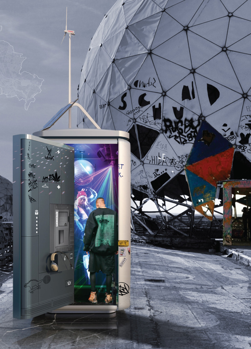 Soundproof Steel Booth with Interactive LED Features and Community Art Space