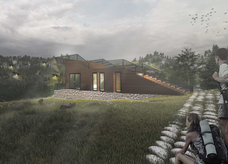 Cork-Finished Retreat with Charred Wood Shutters and Water Collection System