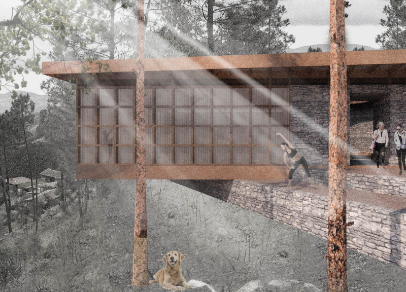 Geometric Courtyard Retreat with Timber and Stone Elements