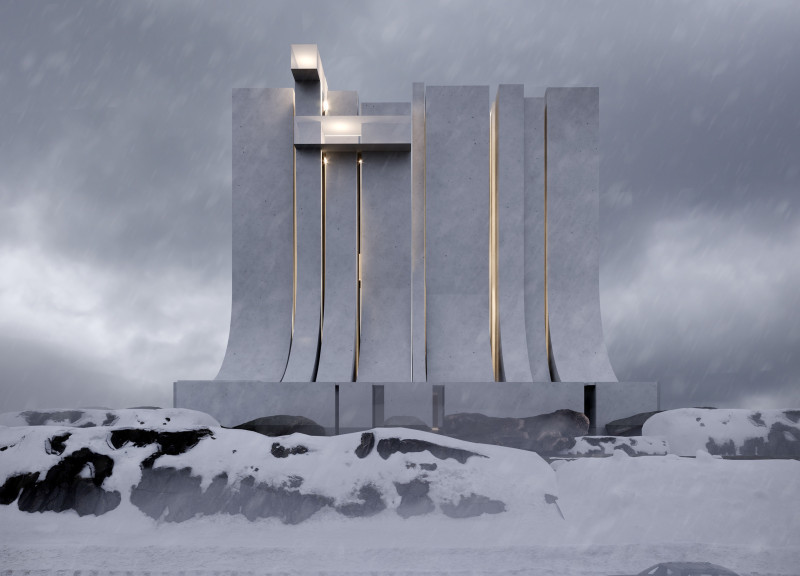 Floating Glass Boxes Among Basalt Cliffs with Central Observation Hub