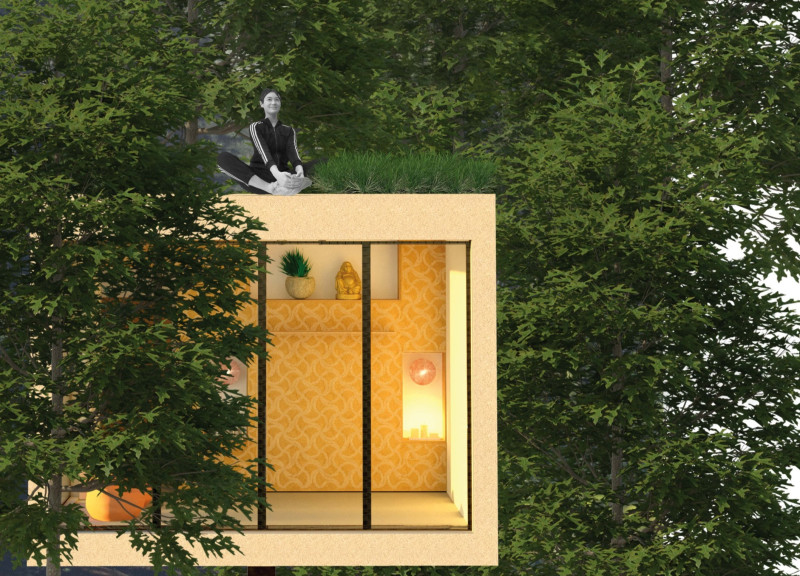 Cork-Clad Sleeping Pods Elevated on Single Pillars for Mindful Retreat