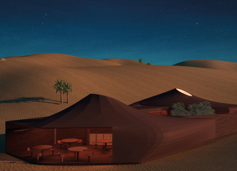 Compressed Earth and Shotcrete Oasis in the Desert Landscape