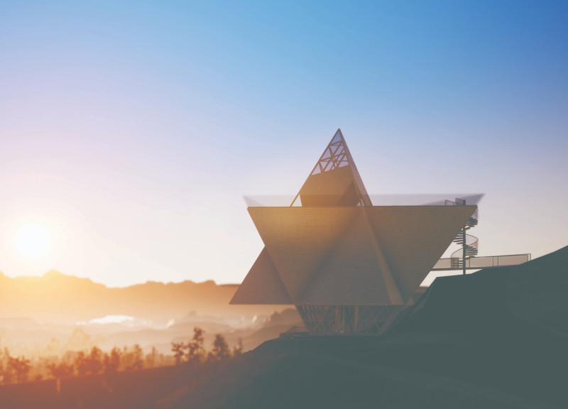 Triangular Glass Hall with Monolithic Structure and Natural Light for Wellness Retreat