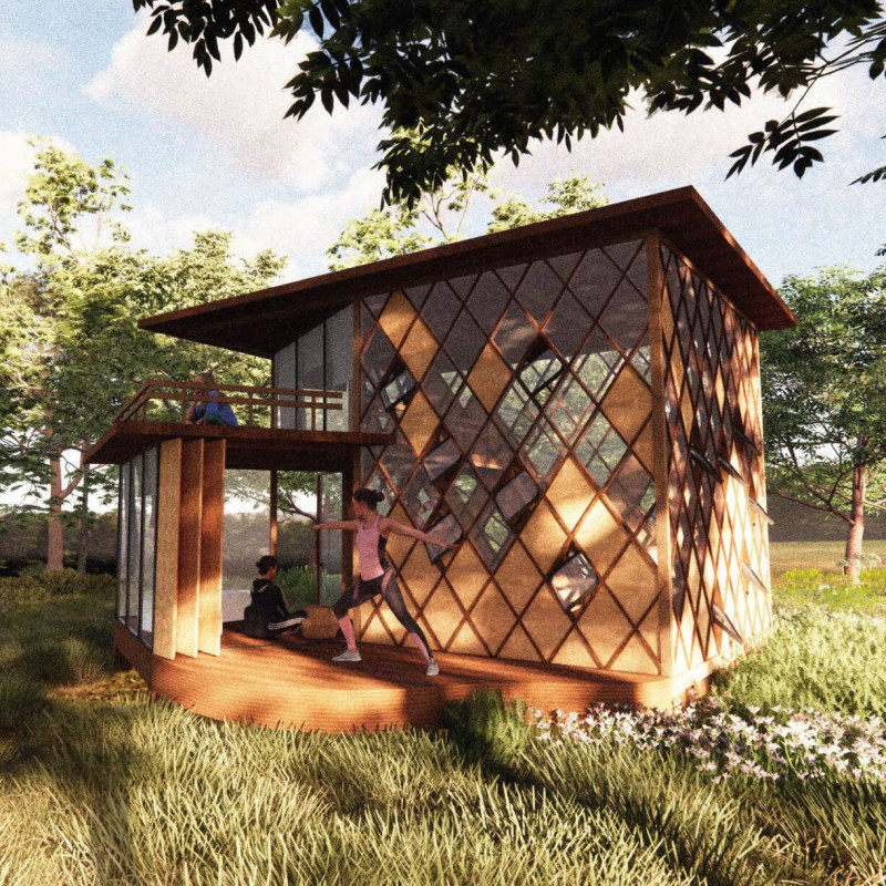 Diamond-Shaped Glass and Plywood Retreat in the Forest