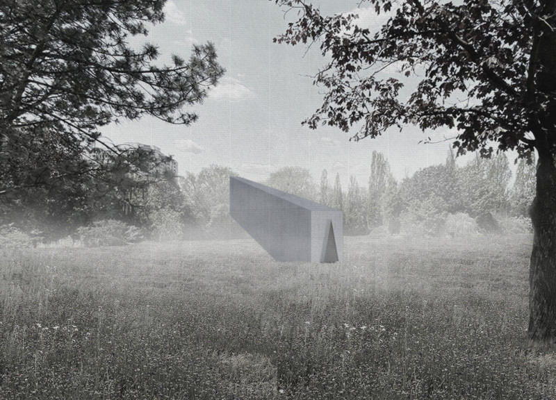 Triangular Observation Slit Overlooking a Mist-Covered Park