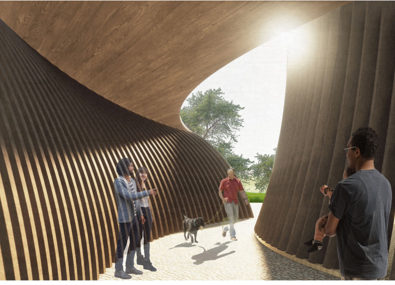 Curved Wooden Beams Shaping Community Interaction in a Sinuous Space