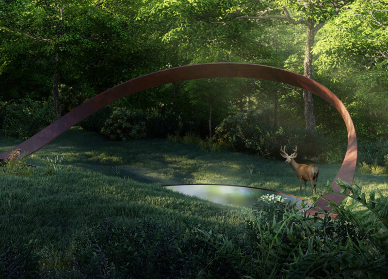 Weathered Steel and Larch Wood Cabin Set Amidst Reflective Serenity