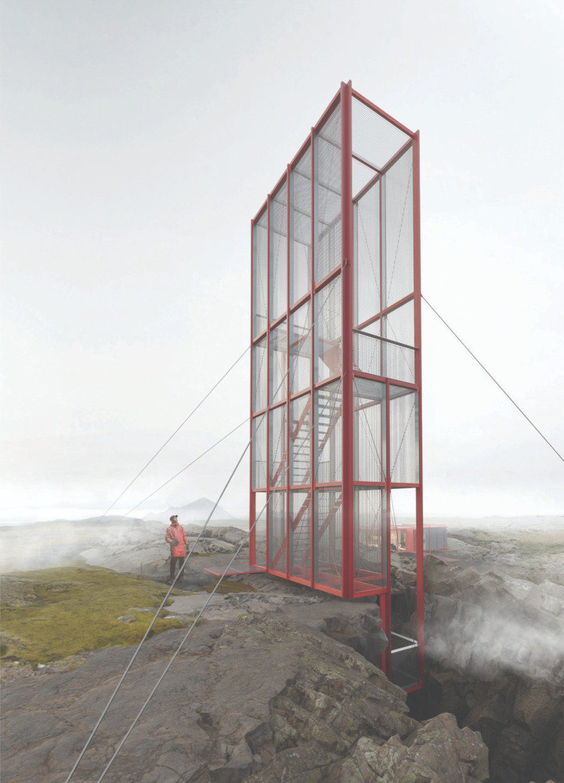 Cabled Viewing Tower Crafted from Regional Steel and Transparent Glass in Iceland's Volcanic Landscape