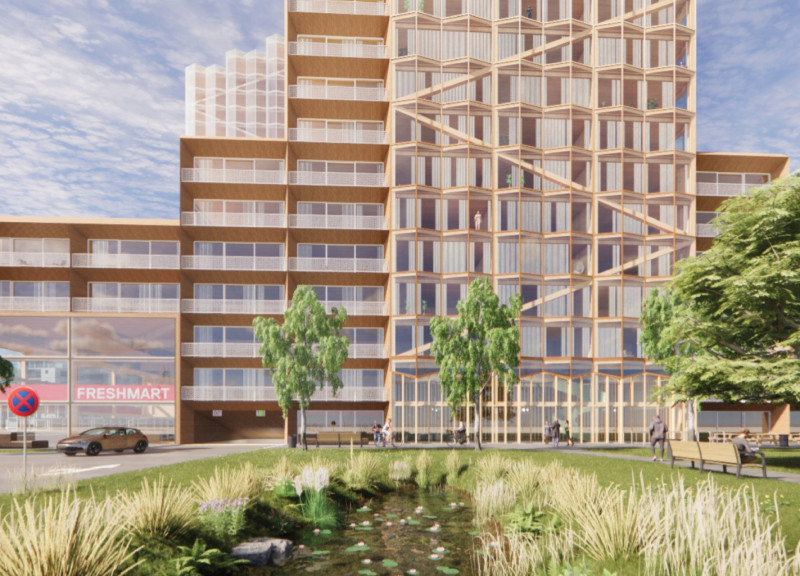 Timber Towers with Undulating Facades in a Mixed-Use Community