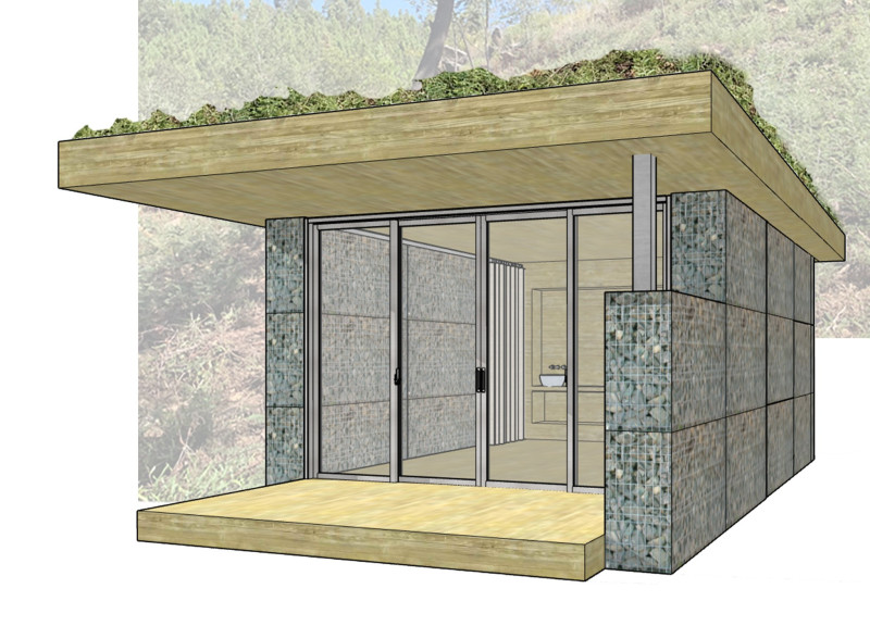 Gabion-Walled Retreats Enhanced by Green Roofs and Local Stone