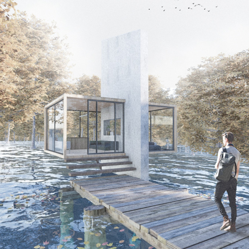 Elevated Granite Structure with Timber Frame and Integrated Storage Solutions