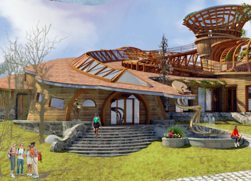 Spiral Community Hub Integrating Cork and Sustainable Wood