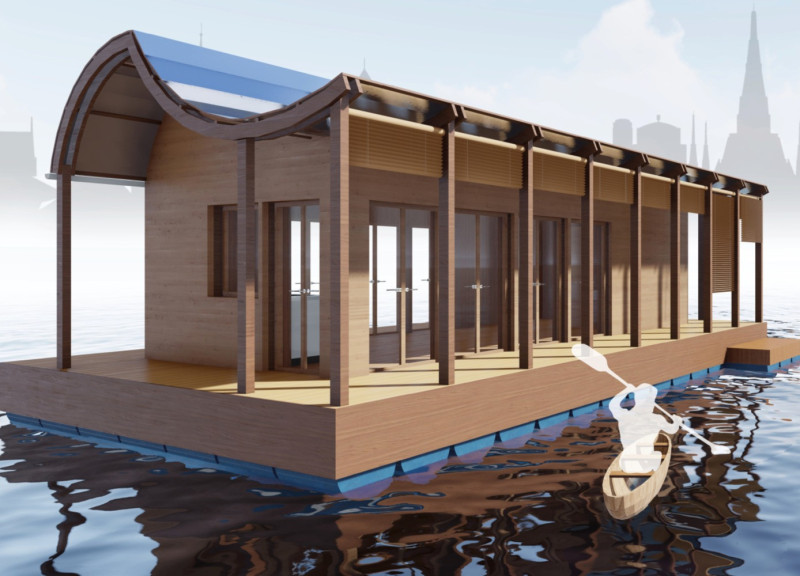 Floating Habitat Featuring OSB Panels and Flexible Living Solutions