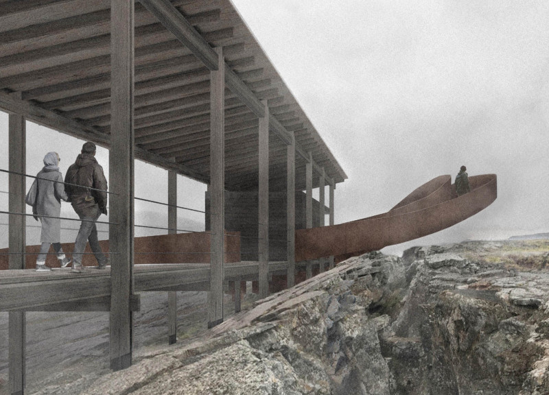 Wooden Walkway Above a Continental Crevice with Pitched Roof