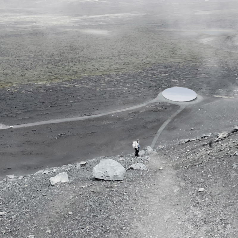 Concave Steel Roof Reflecting Volcanic Landscape in Northern Iceland