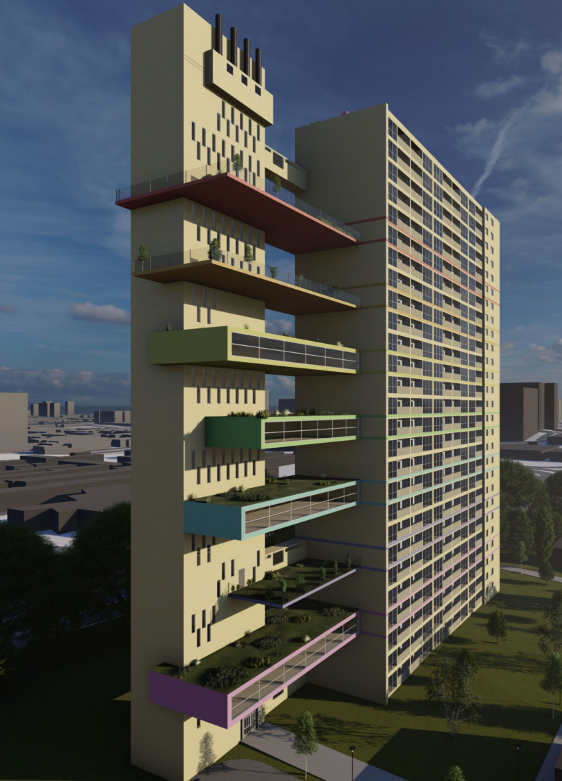 Concrete Facade with Parasitic Extensions Enhancing Urban Living