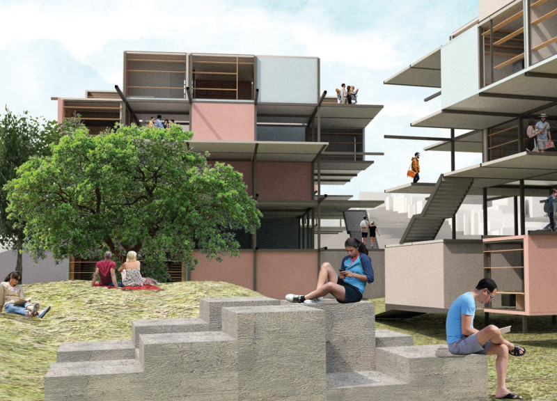 Stacked Steel Framework with Community Patios for Urban Living