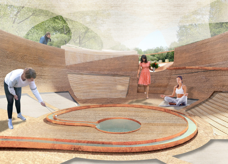 Corten Steel Altar in a Rammed Earth Sanctuary for Meditation