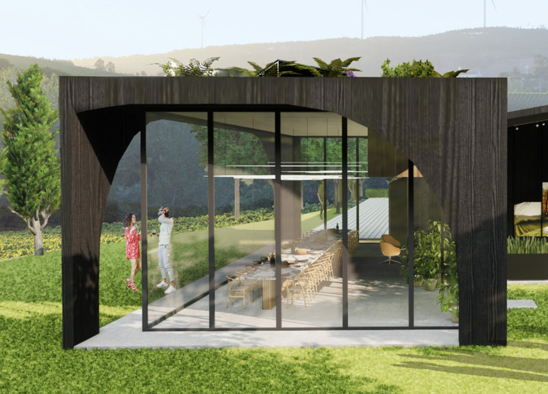 Panoramic Views Framed by Concrete and Wood in a Communal Wine Tasting Venue