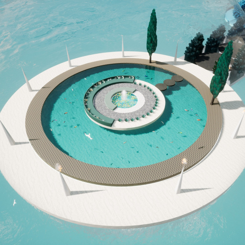Floating Oasis with Marble Surfaces and Natural Water Elements