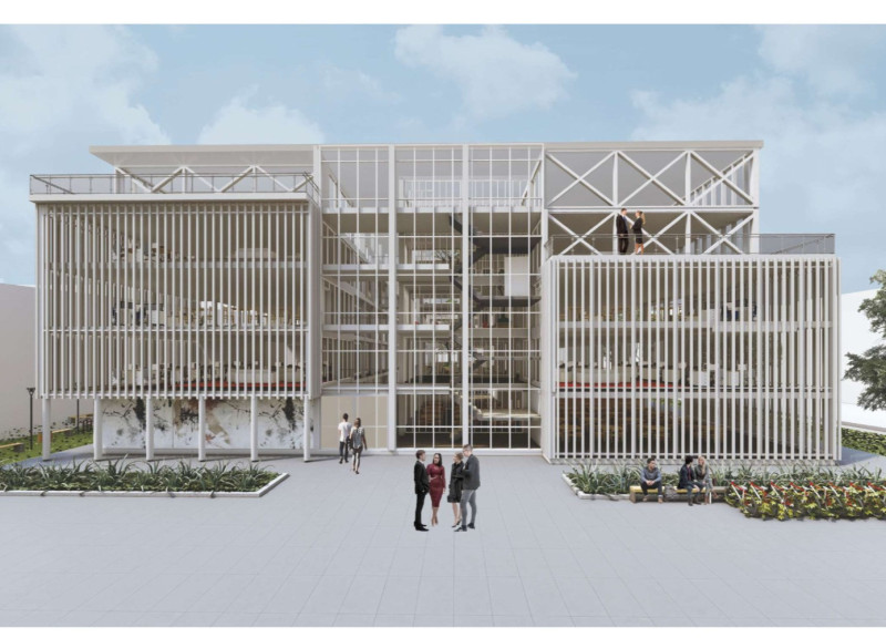 Fluid Workspace Enveloped in Glass with Natural Wood Accents