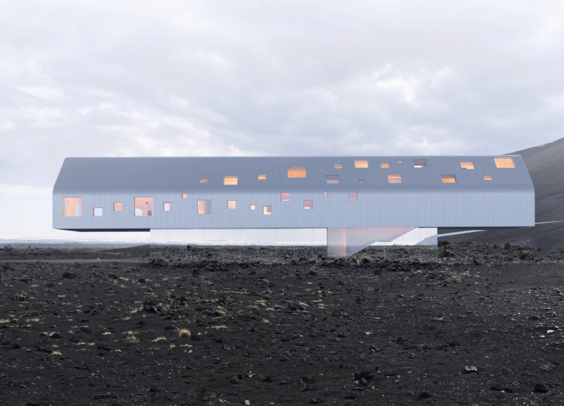Cantilevered Volume with Aluminum Facade Overlooking Hverfjall Landscape