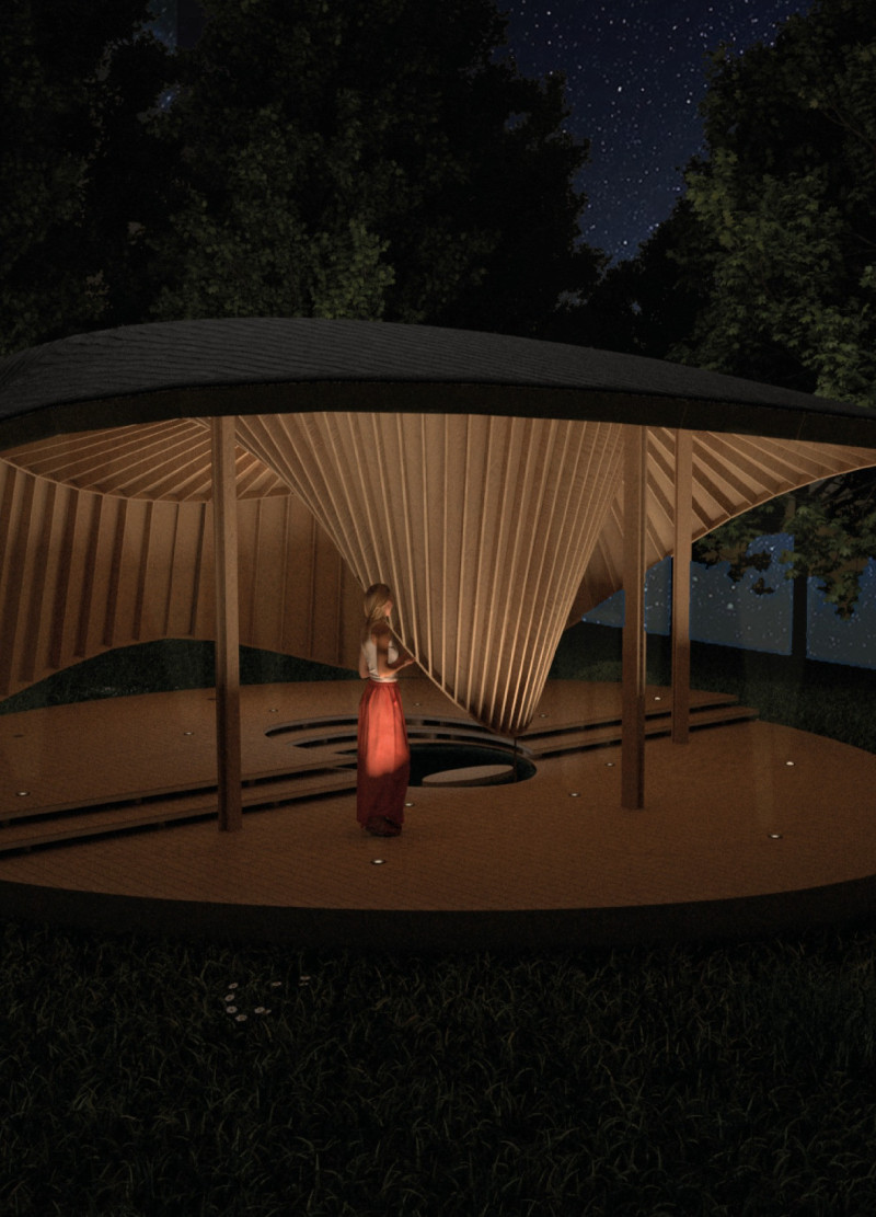 Möbius Strip Design Featuring Charred Redwood in a Tranquil Meditation Cabin