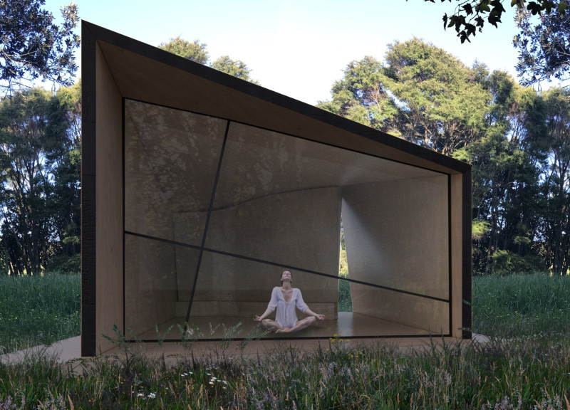 Curved Wooden Sanctuary with Translucent Glazing for Meditative Retreat