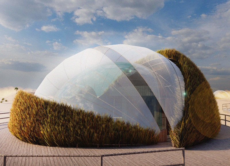 Adjustable Roof Lodges Featuring Gfrc Panels and Palm Thatching in the Desert