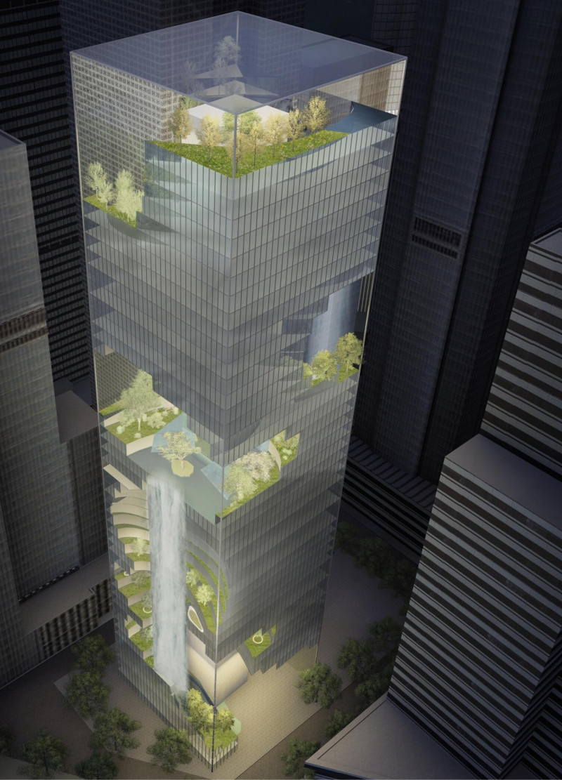 Cooling Waterfall with Folded Stone Facade in Urban Office Setting