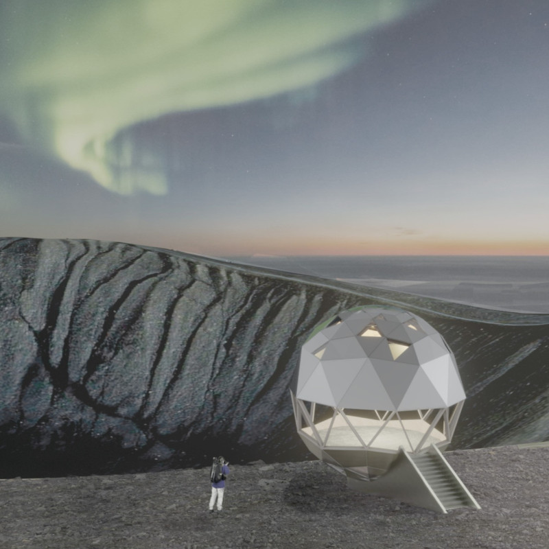 Kaleidoscopic Views from a Geodesic Dome Overlooking a Volcanic Crater