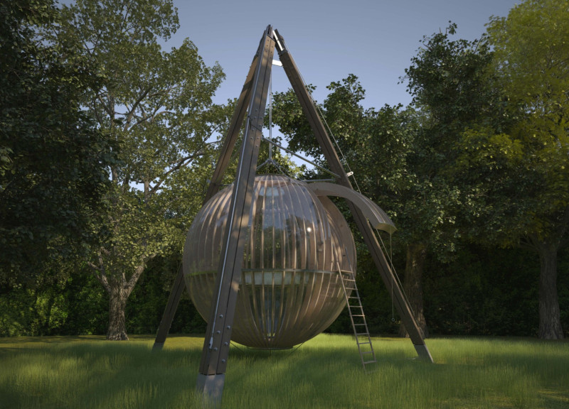 Suspended Sphere Crafted from Rigid Tarpaulin in a Tranquil Meditation Retreat