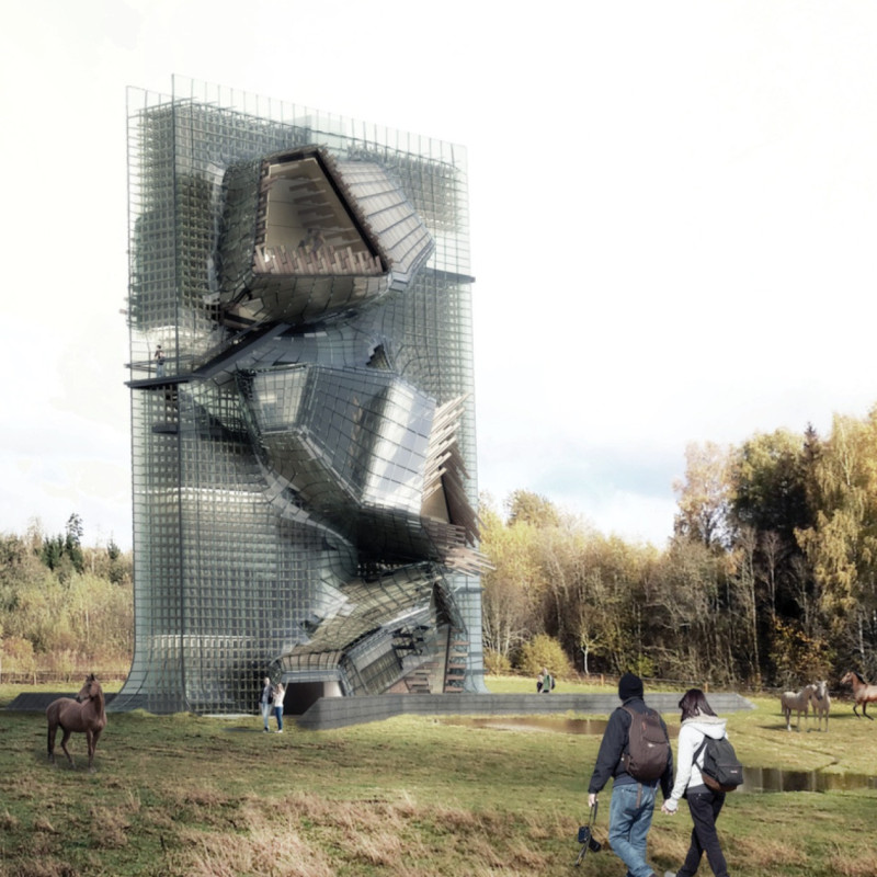 Engaging Observation Platforms Highlighting Oak and Horse Imagery in Natural Landscape