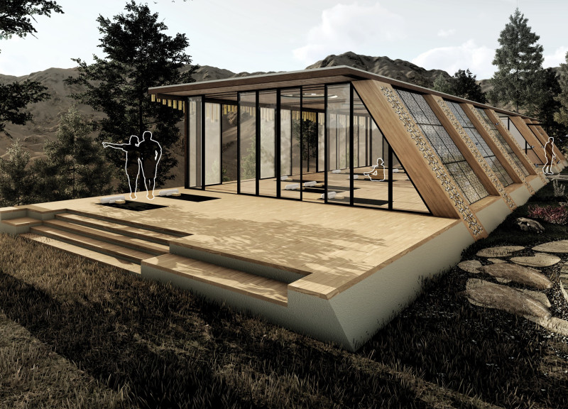 Bamboo Chimes and Stone Jali in a Yoga Retreat Setting