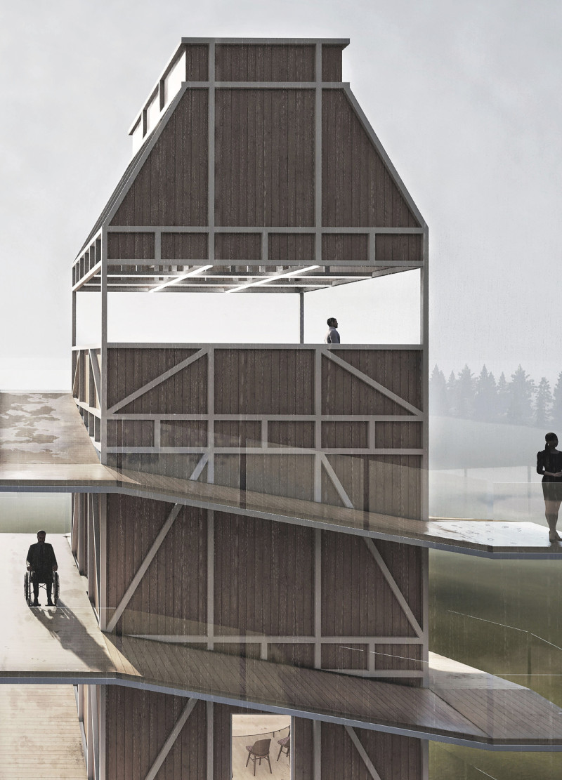 Wooden Slat Facade with Panoramic Terrace for Community Engagement
