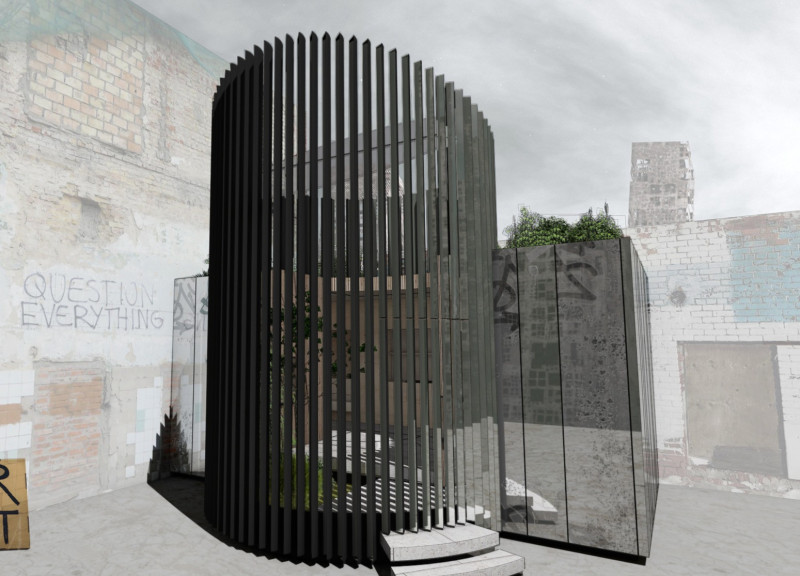 Reflective Facade of Recycled Glass with Cross-Laminated Shelter in a Secure Haven