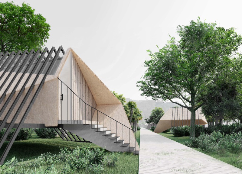 Elevated Thatched Lodge with Gabled Roofs and Natural Filtration