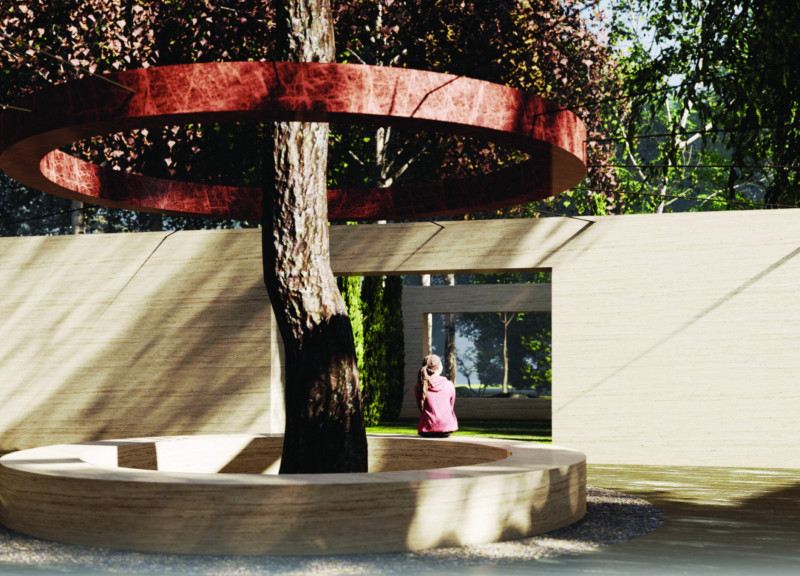 Linden Tree and Red Marble Define Contemplative Space for Reflection