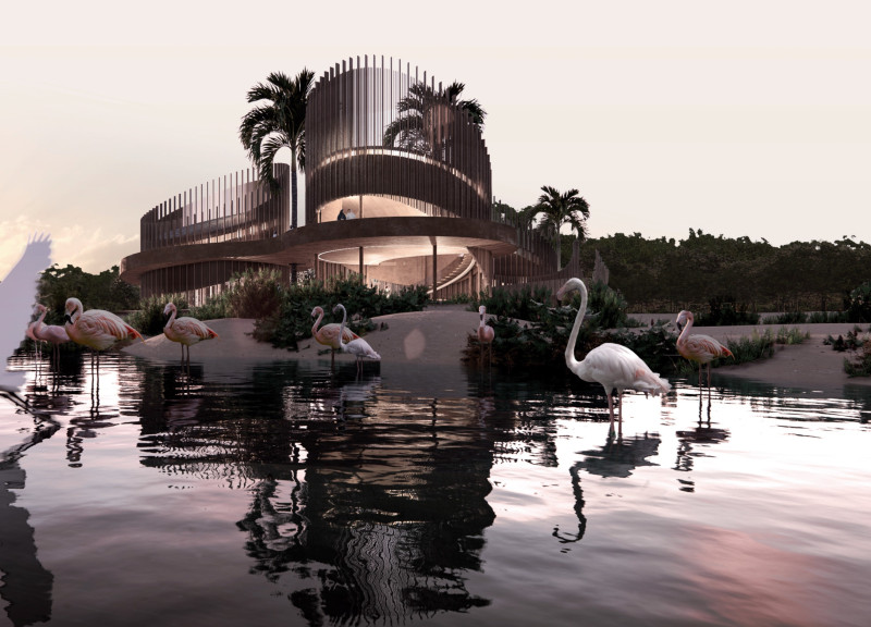 Elevated Space with Concrete Structure and Palm Leaves for Environmental Engagement