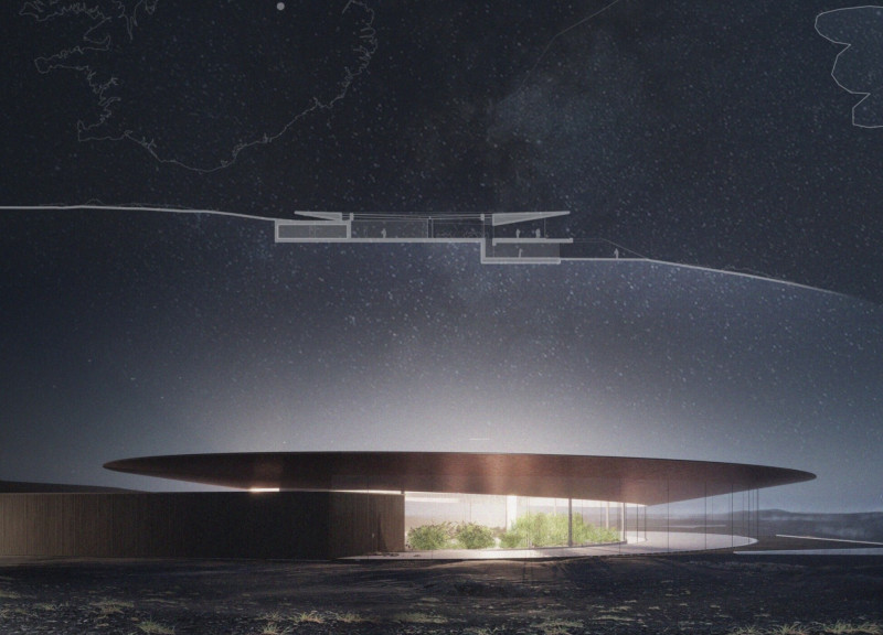 Gray and Copper Restaurant Integrated with Native Vegetation in a Volcanic Landscape