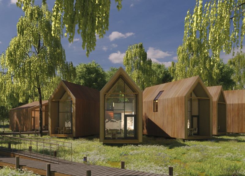 Linden Cabins with Biodegradable Insulation Along the River