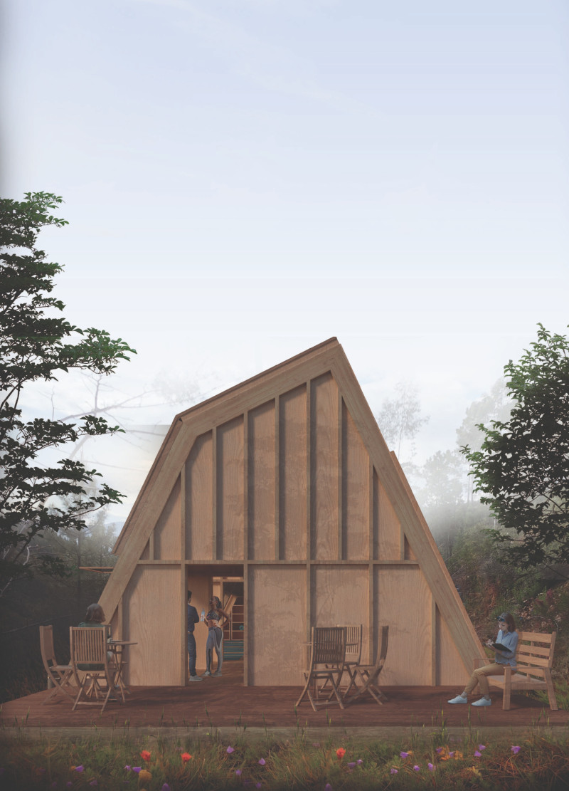 Timber and Cork Structure Harmonizing with Natural Light and Rainwater Management