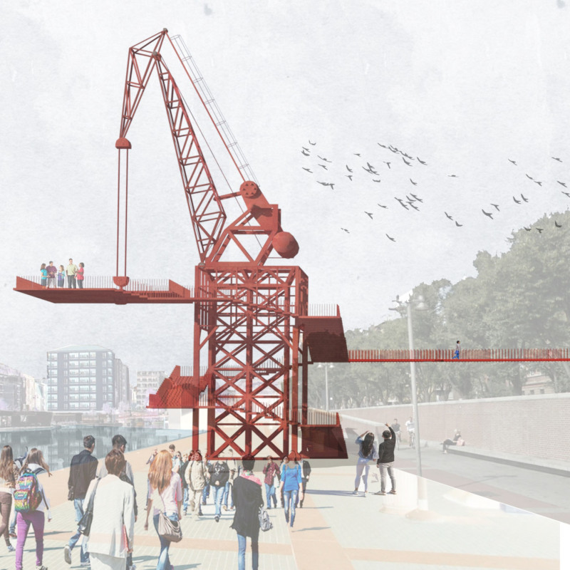 Elevated Observation Platform Featuring Steel and Wood Integration Along Historic Canals