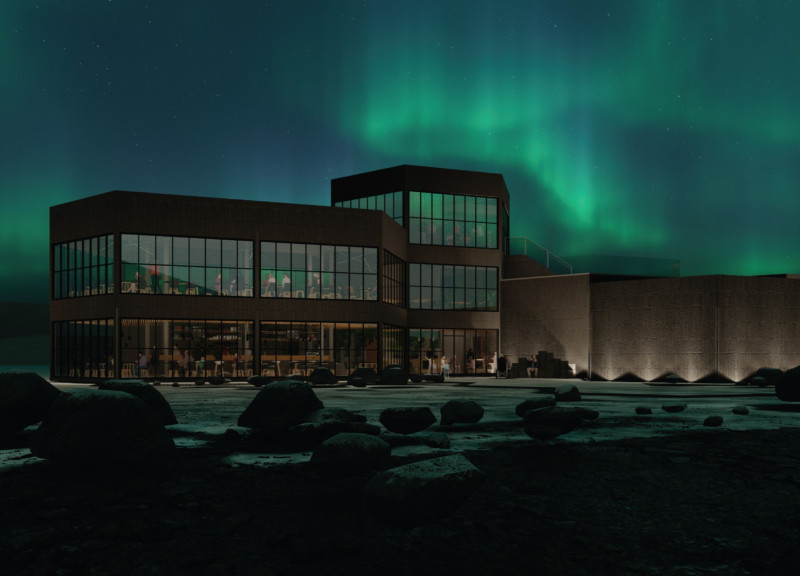 Basalt Stone Facade and Recycled Concrete Structure in a Volcanic Landscape