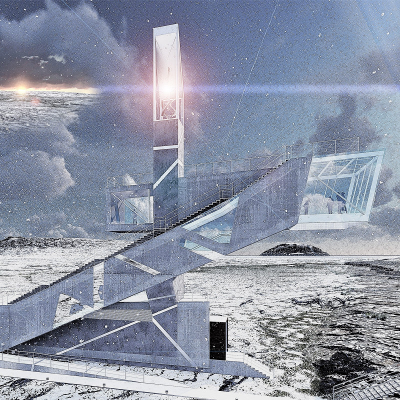 Leaning Tower Wrapped in Glass with Steel Frame Overlooking Volcanic Landscape