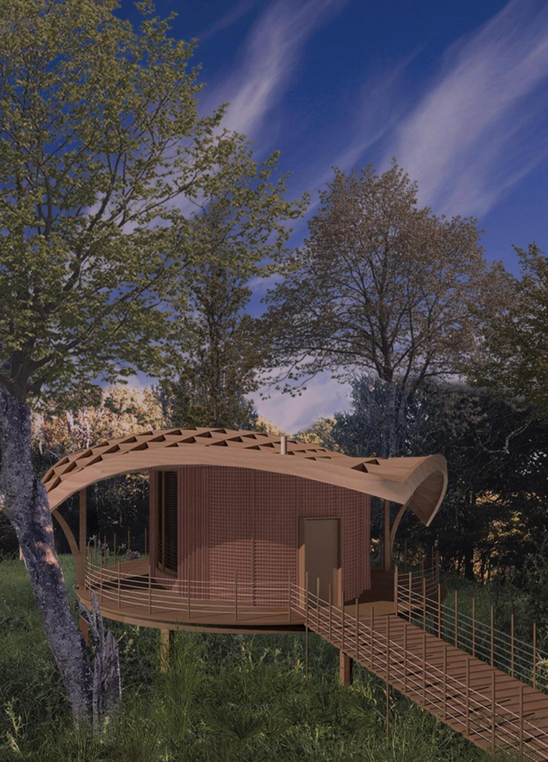 Natural Timber Sanctuary with Reed Roofing and Cultural Carvings