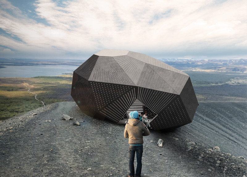 Polygonal Structure with Perforated Metal Panels Offering Elevated Views in Volcanic Landscape