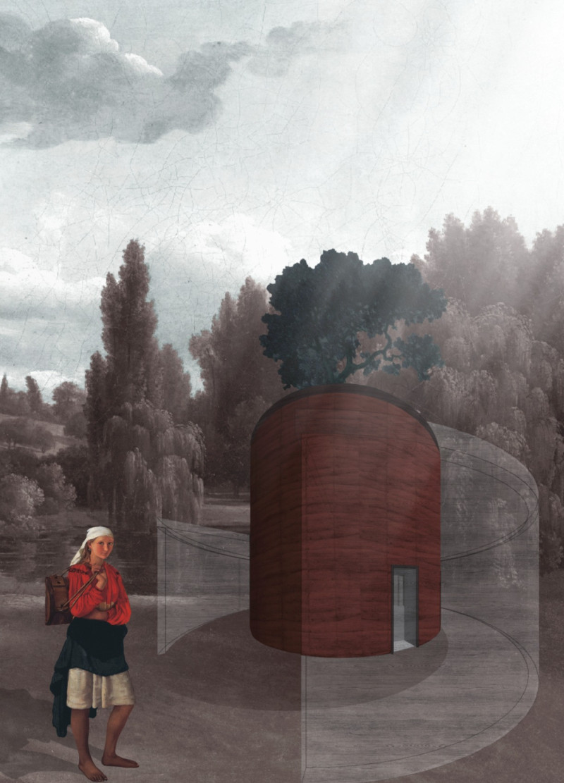 Rammed Earth Pavilion with Central Tree Emphasizing Community Connection