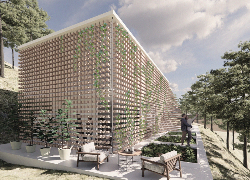 Wood-Block Facade with Integrated Planters Embraces Natural Light for Yoga Retreat